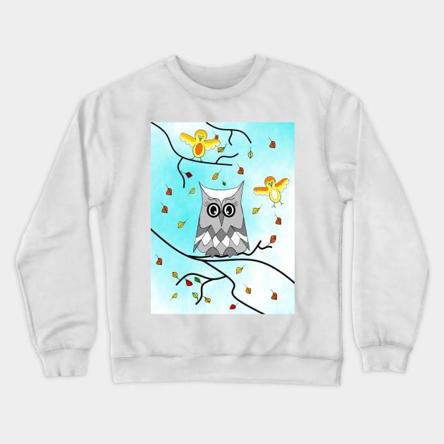 AUTUMN Mood Cute Owl And Birds Crewneck Sweatshirt by SartorisArt1